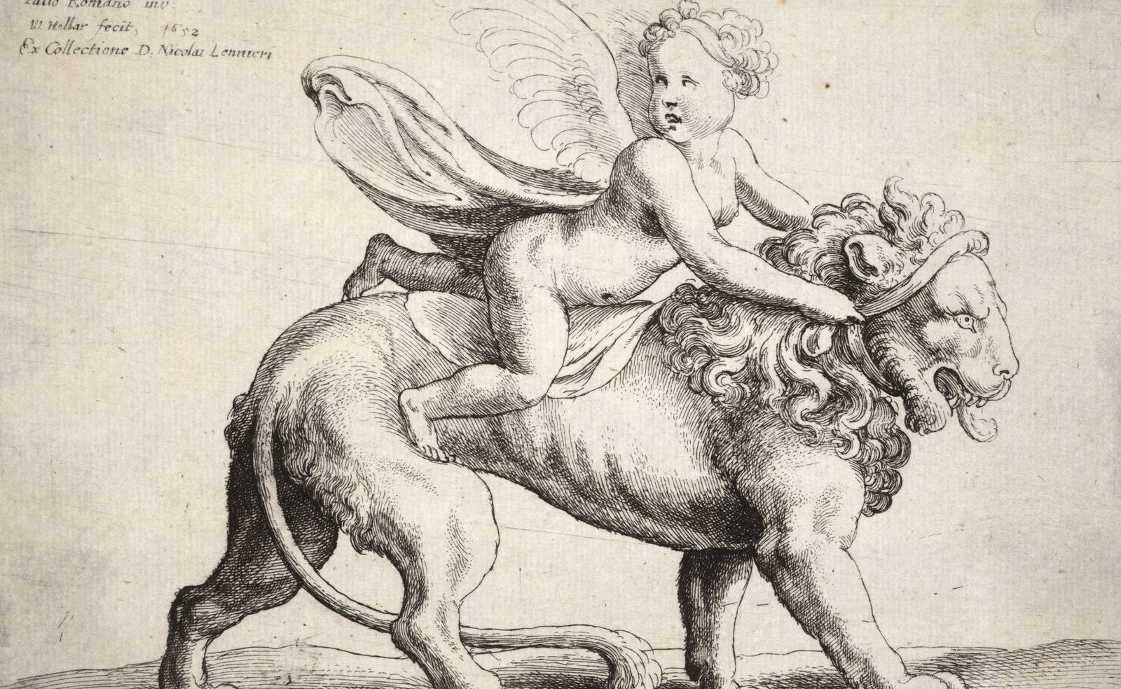A cupid riding a lion: a seventeenth-century engraving
