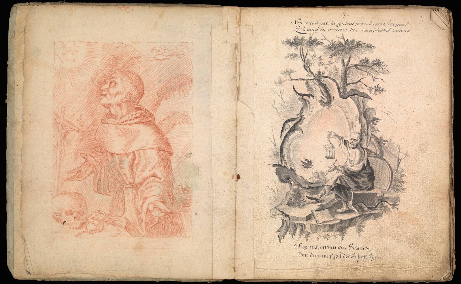 An open book: a red-chalk drawing facing an engraved title page